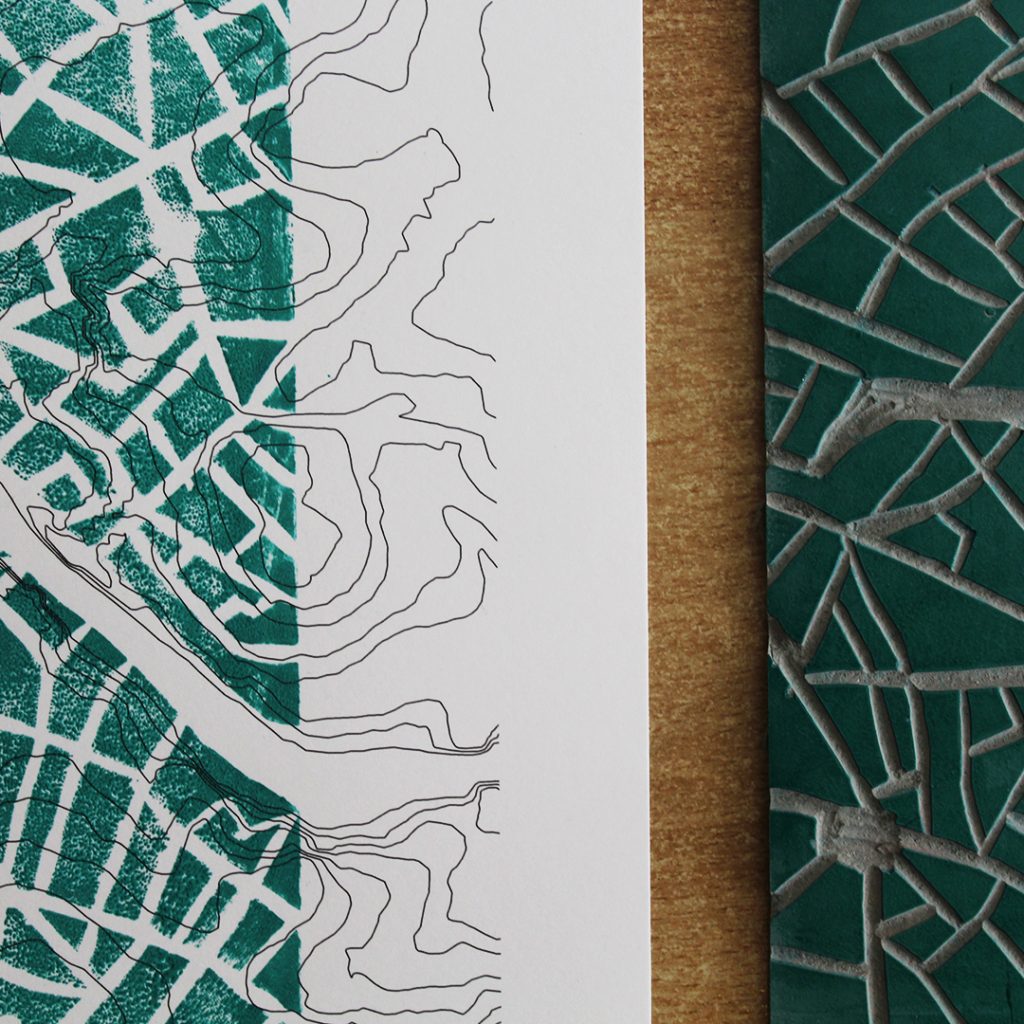leo badiali illustration linogravure cartographie et courbes de niveaux