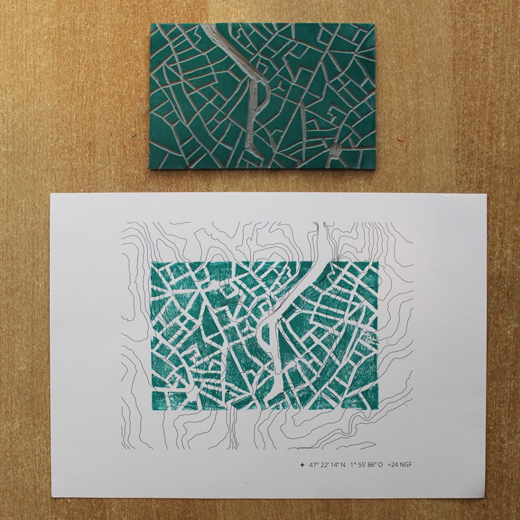 leo badiali illustration linogravure cartographie et courbes de niveaux erdre 1