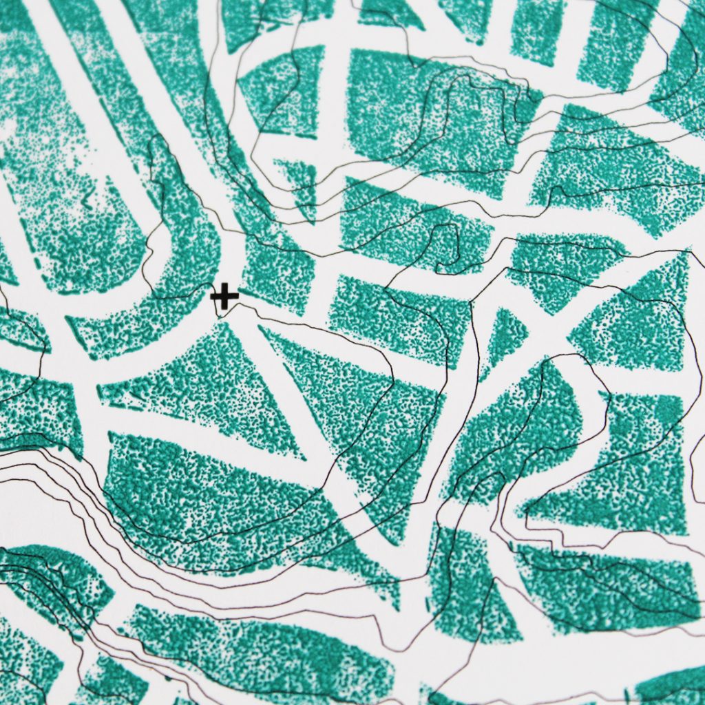 leo badiali illustration linogravure cartographie et courbes de niveaux detail